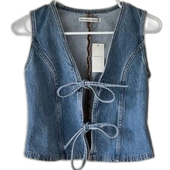 NWT Abercrombie Fitch Tie Front Denim Vest Jean Bows Open Front V Neck XXS Fall - Picture 13 of 15